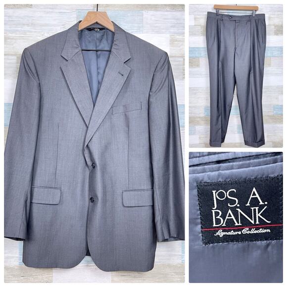 Jos A Bank Wool Sharkskin Suit Gray Mens 43L Jacket 37L Pleated Cuffed Pants - Picture 1 of 14